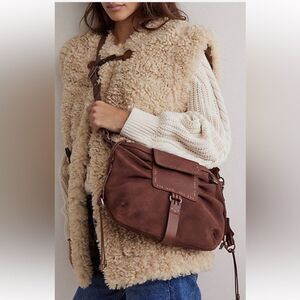 Free People We The Free Suede Leather Silvie Studded Sling Cognac Brown Bag NWT